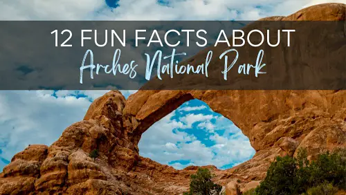 View of a huge rock forming "O", with the text. 12 Fun Facts About Arches National Park.