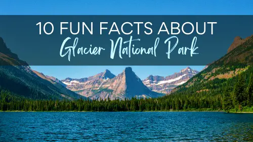 View of a lake surrounded with valleys and green trees. With a text, 10 Fun Facts About Glacier National Park.