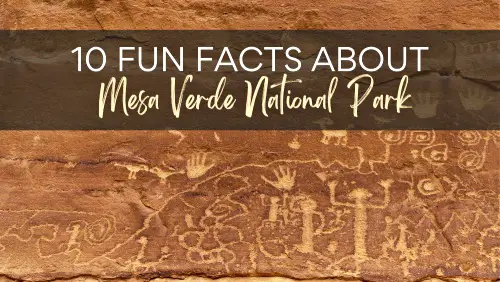 Patterns of curves, lines, circles and hands in a stone wall, with a text, 10 Facts Abou Mesa Verde National Park.