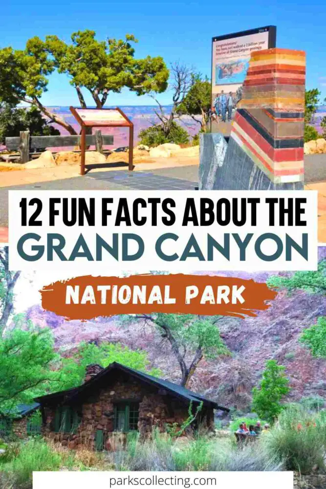 Two photos: Wooden and historic signage and a cabin in the mountain surrounded by trees, with the text, 12 Fun Facts About the Grand Canyon National Park.