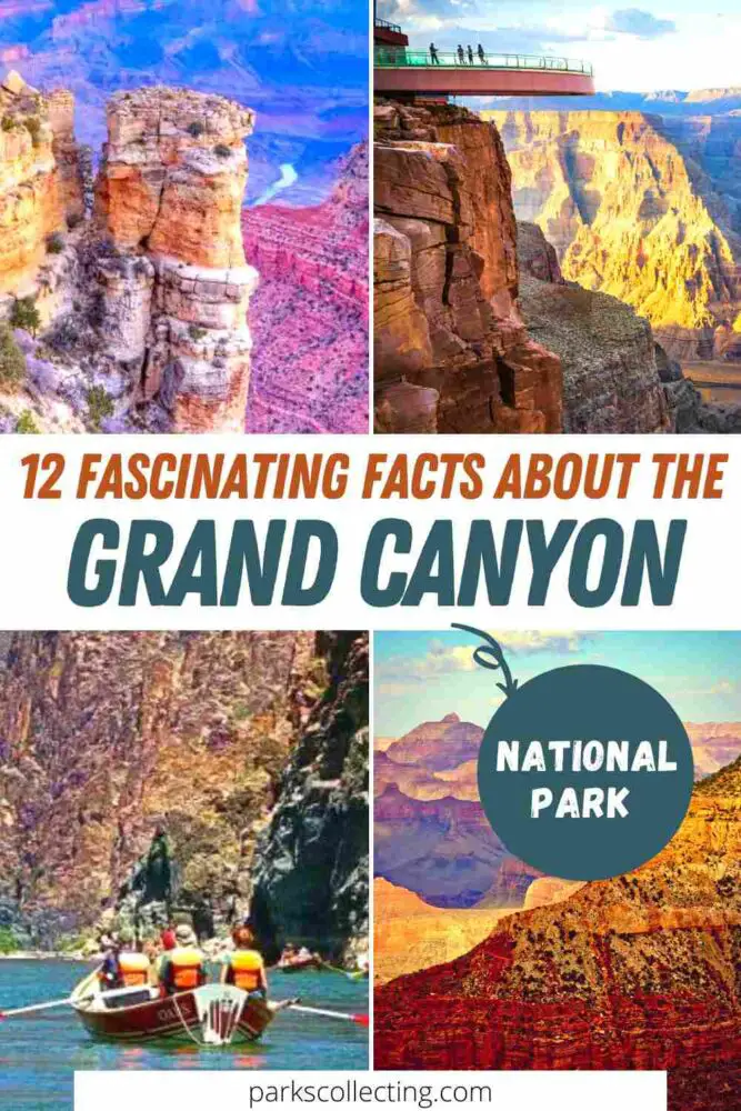 Four photos: Rock mountains, Structure near the cliff of the mountain, Mountains; and people in a kayak, with the text above that says 12 Fascinating Facts About the Grand Canyon.