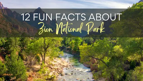View of a river surrounded by trees and rock mountains, with the text, 12 Fun Facts About Zion National Park.
