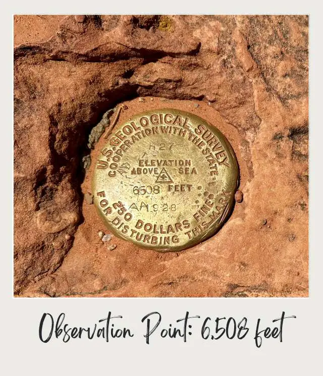 A photo of weathered U.S. Geological Survey benchmark disk set into rugged, sunlit sandstone, indicating an elevation of 6,508 feet at East Rim Trail to Observation Point Zion National Park.