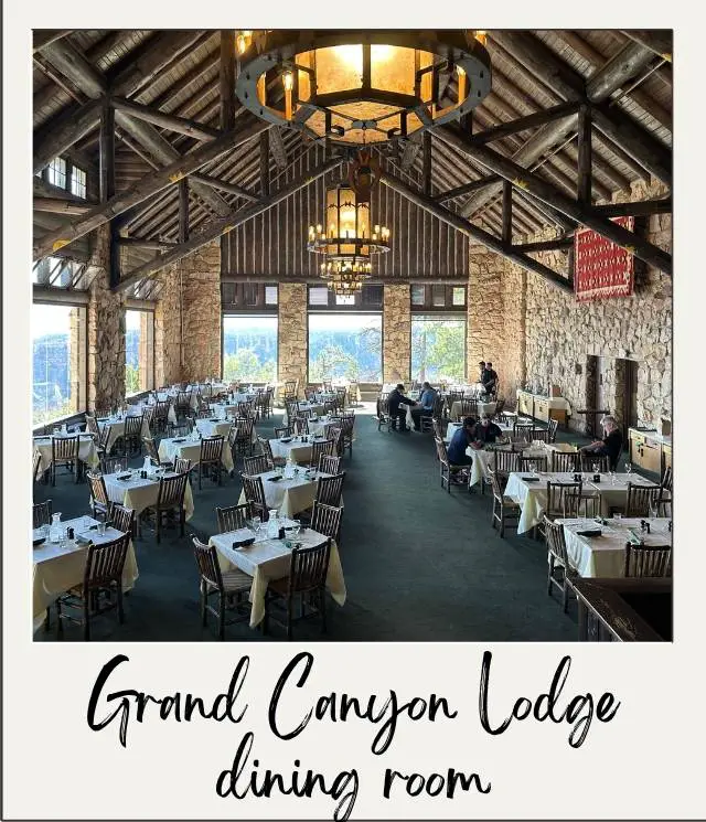15 Best Things to Do in Grand Canyon for Non Hikers: Views Without the Sweat restaurant with 3 rows of square tables with table clothes, set for dinner with beams on sloped ceilgins and largelamp and glass windows at end with views of Grand Canyon