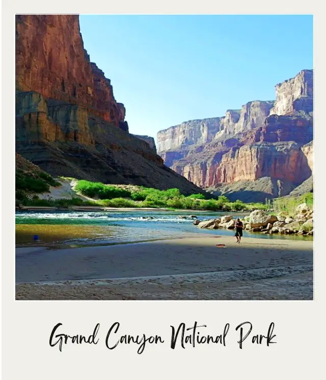 sandy beach and river winding through canyon on river trip through grand canyon