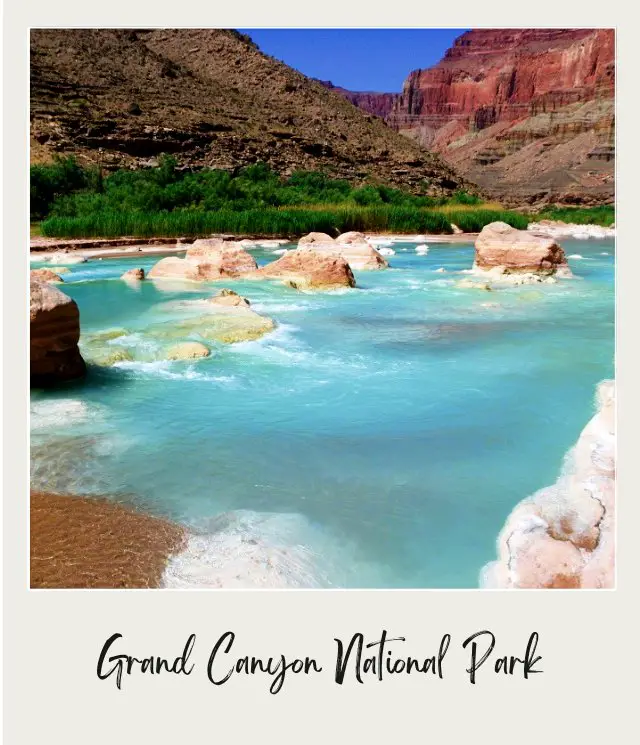 bright blue shallow river on river trip through grand canyon