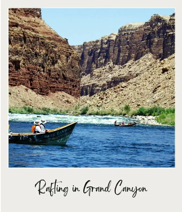 wooden boats going through small rapids on river rafting trip through grand canyon