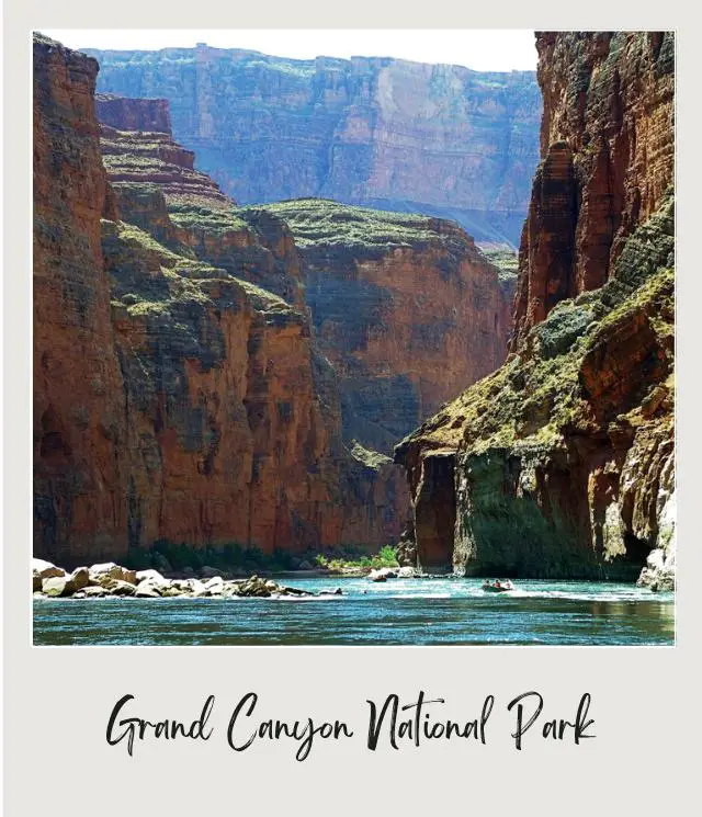 rafts and wooden boats going through rapids inside large canyon on river trip through grand canyon