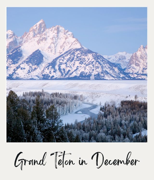 Snow-covered Grand Teton mountains overlooking a frozen winter landscape in Grand Teton National Park in December