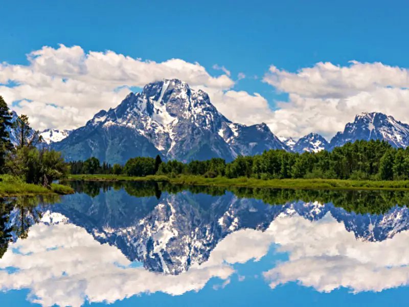 Lake surrounded by trees and behind is a snow-capped mountain under a cloudy and blue sky