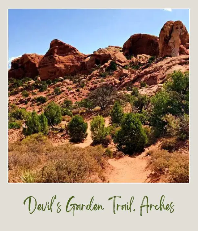 View of huge rock formations and bushes in Devils Garden Trail in Arches National Park.