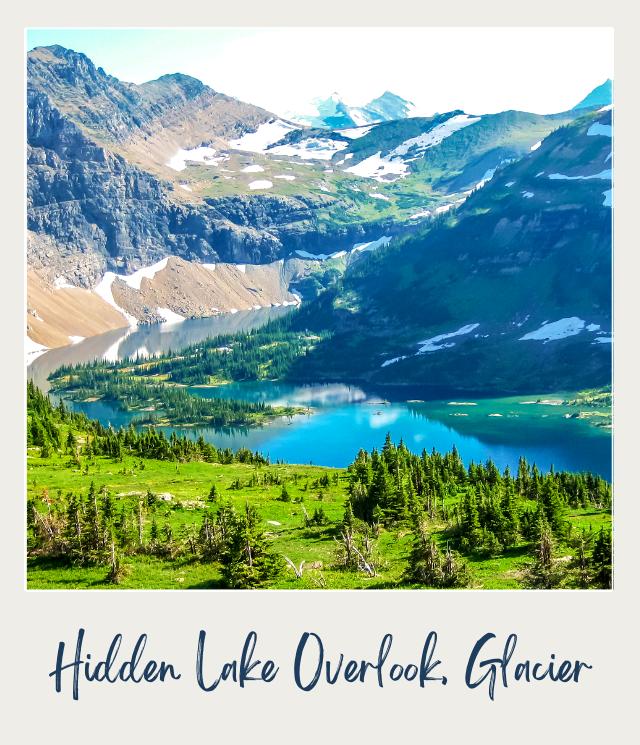 View of a blue lake surrounded by trees and mountains in Hidden Lake Overlook, Glacier National Park.