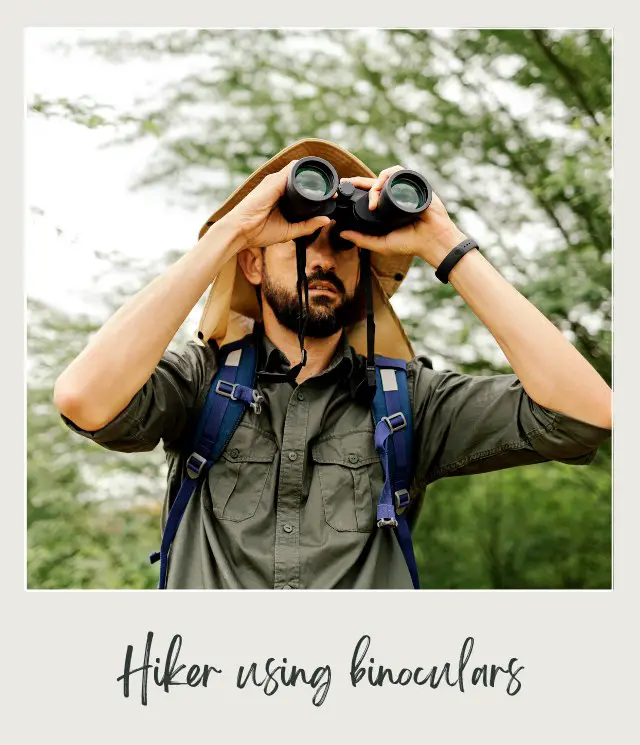 Hiker with backpack using binoculars in the wild