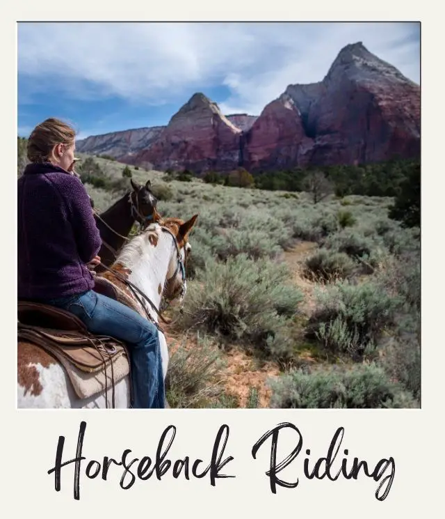 12 Best Things to Do in Zion National Park for Non Hikers (That Will Blow Your Mind) young woman ridign a horse seen from behind with red cliffs of Zion National Park in front of her