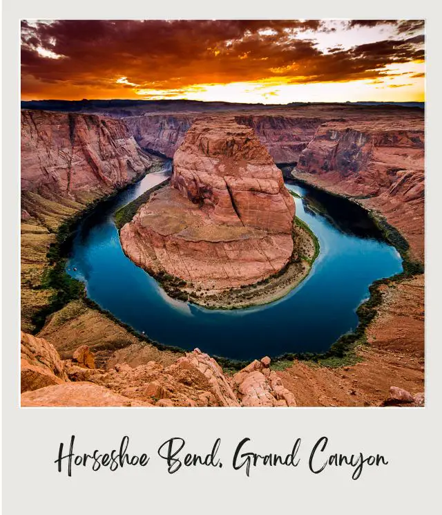 View of a river surrounding a huge red rock and it forms a horseshoe in Grand Canyon National Park.