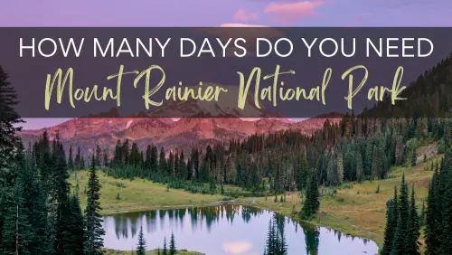 View of a lake surrounded by trees and grassland and snow-capped mountains in the background, with the text, "How many days in Mount Rainier National Park do you need."