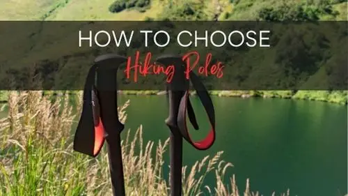 lake with hnadles of 2 hiking poles with text: How to choose hiking poles
