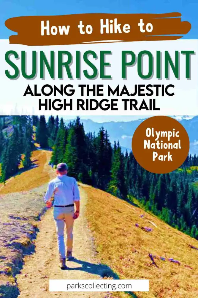 A man is walking through a small rocky road, and in front of him are trees and mountains, with the text above that says How to hike to SUNRISE POINT ALONG THE MAJESTIC HIGH RIDGDE TRAIL Olympic National Park