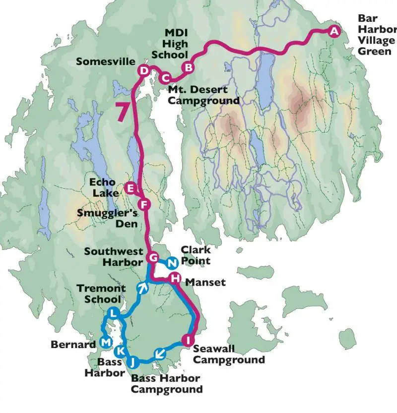 map of Mount Desert Island in Acadia National Park with shuttle routes marked