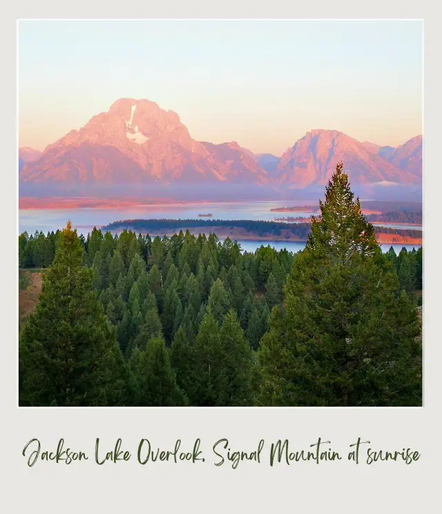 Behind the forest in Grand Teton National Park is a lake surrounded by mountains and trees.