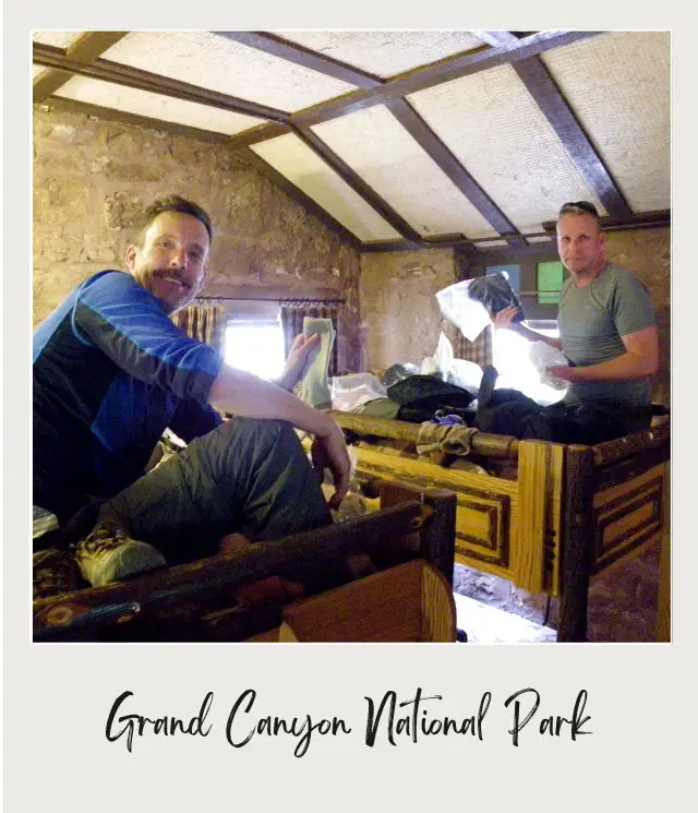 Kevin and James inside the cabin in Phantom Ranch Grand Canyon National Park.