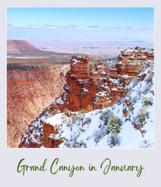 Rock mountains covered with snow surrounded by trees in Grand Canyon National Park.