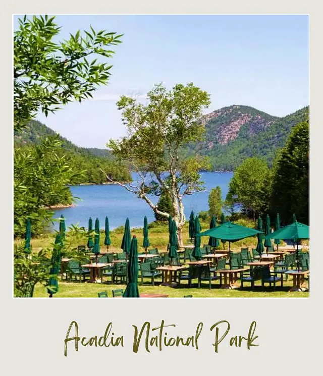 Green umbrellas, chairs with tables and a view of mountains, pond, and trees displayed in Jordan Pondhouse Acadia.