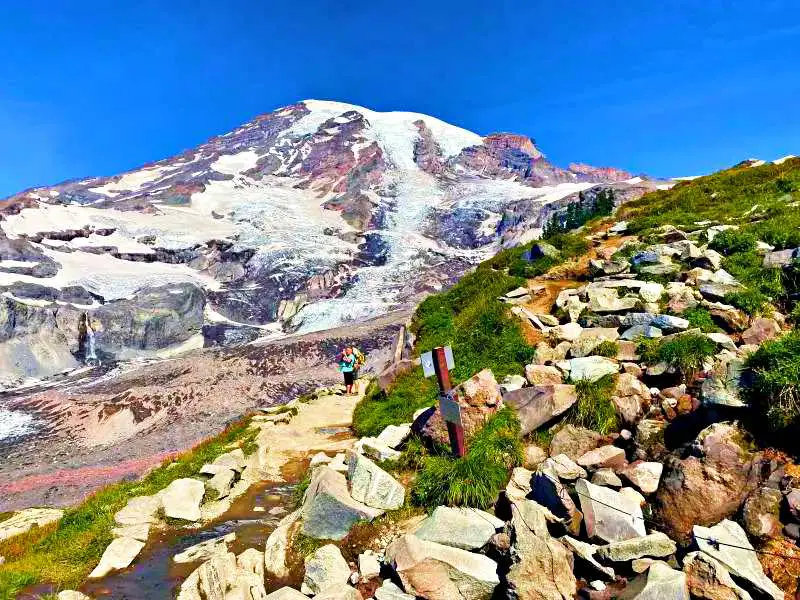 A man standing on the road surrounded by huge rocks and behind is a snow-capped mountain in Skyline Trail Mt Rainier National.