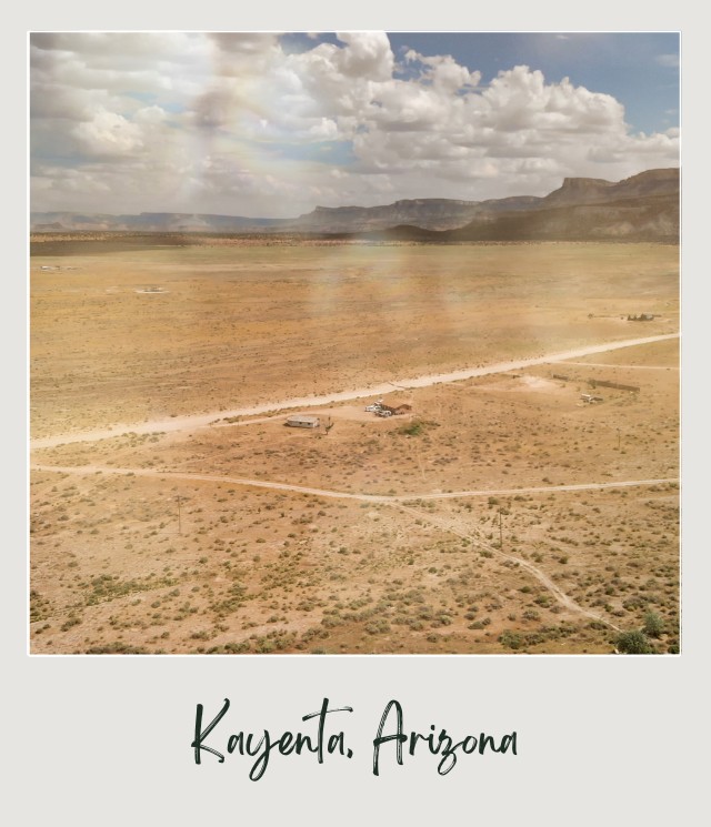Aerial view of mountains and desert in Kayenta Arizona.