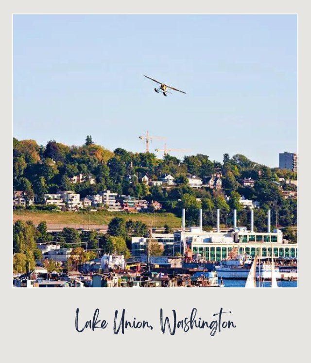 An airplane over the lake with lots of boats and besides are buildings surrounded by trees in Lake Union Seattle Washington near Seattle-Tacoma Internatiomal Airport