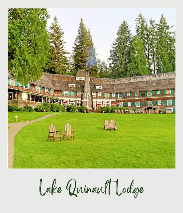 Lake Quinault Loop Drive: A Complete Guide for First Time Visitors A huge building inn surrounded by trees and a field with chairs and small roads in Lake Quinault Lodge, Olympic National Park