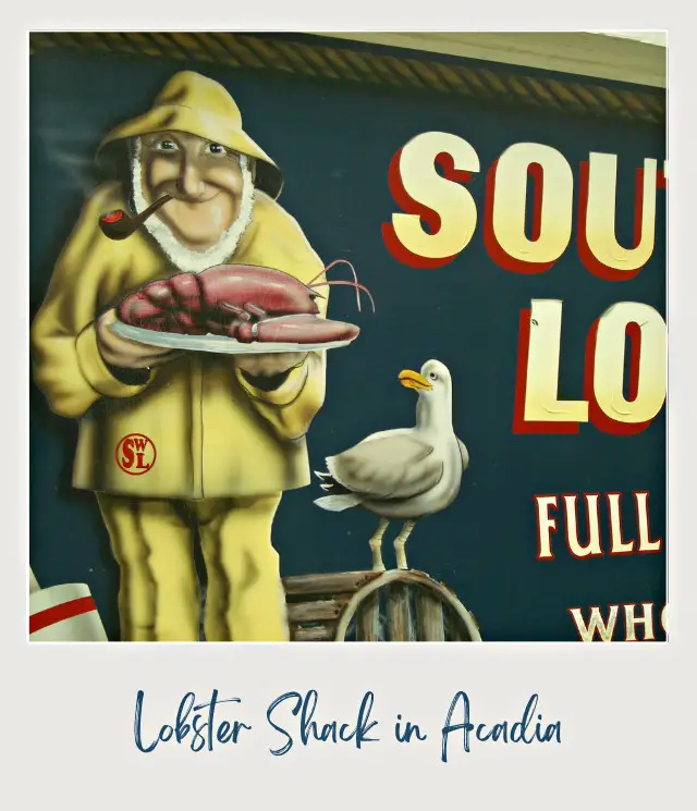 The image of a cartoon old man with a white beard holding a huge plate of Lobster and besides is a white bird in Foodie Lobster Shack, one of the things do near Acadia National Park