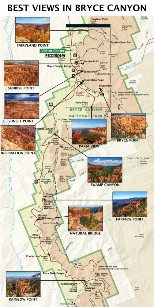 map of the best viewpoints in Bryce Canyon National Park with photos taken from those viewpoints