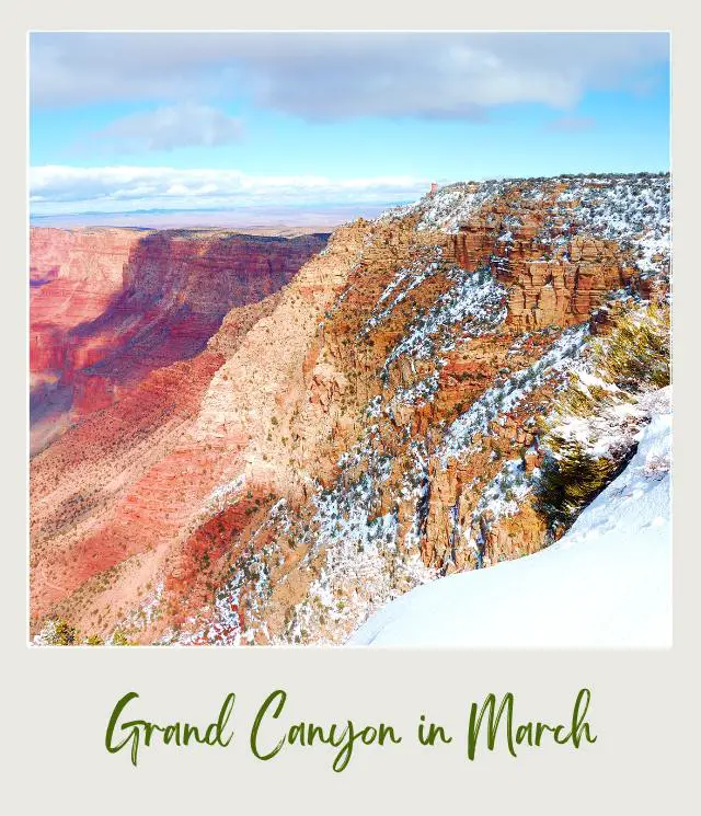 Rock mountains covered with snow surrounded by trees in Grand Canyon National Park.