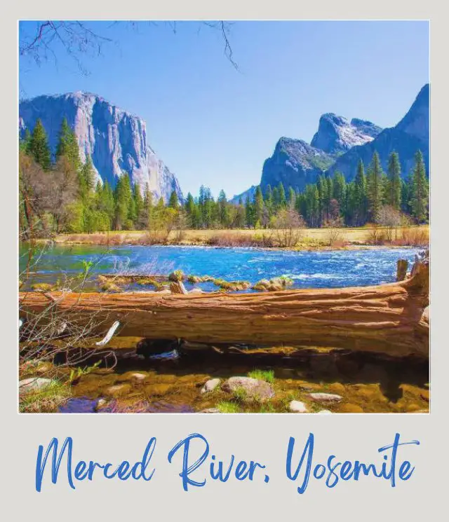 How to Get to Yosemite National Park log and merced river with granite peaks in yosemite national park