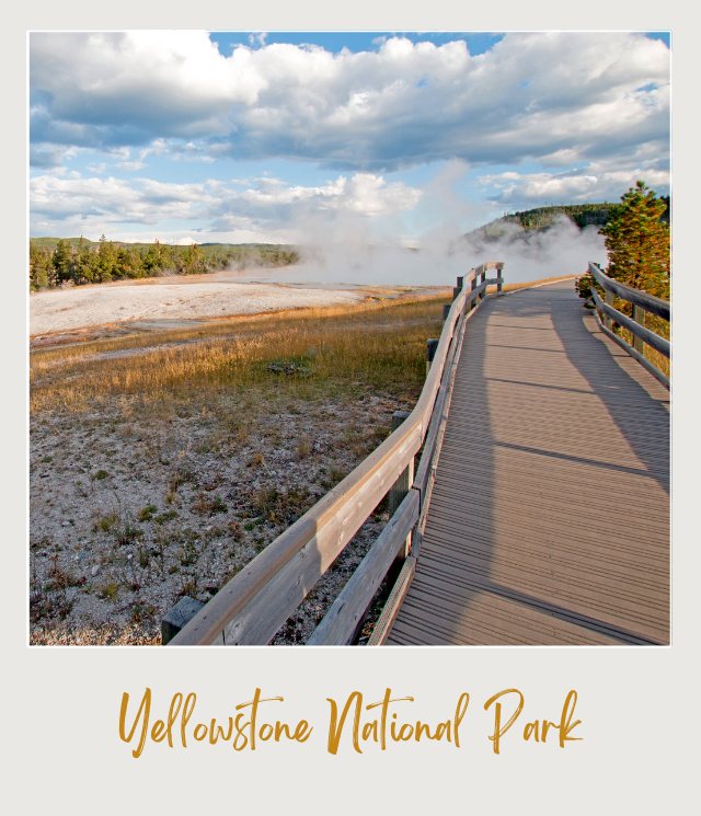 View of the wooden trail beside the Midway Geyser Basin in Yellowstone National Park.