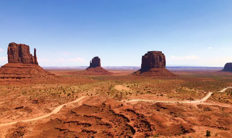 buttes with dirt road in foreground in Monument Valley loop drive