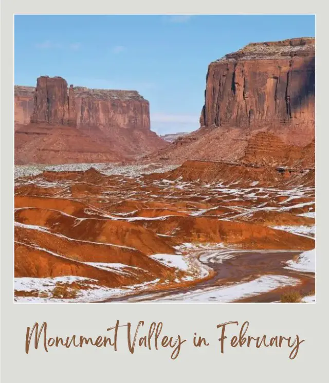 Visiting Monument Valley: What To Expect Throughout the Year View of a road and rock formations and mountains covered with little snow in Monument Valley.
