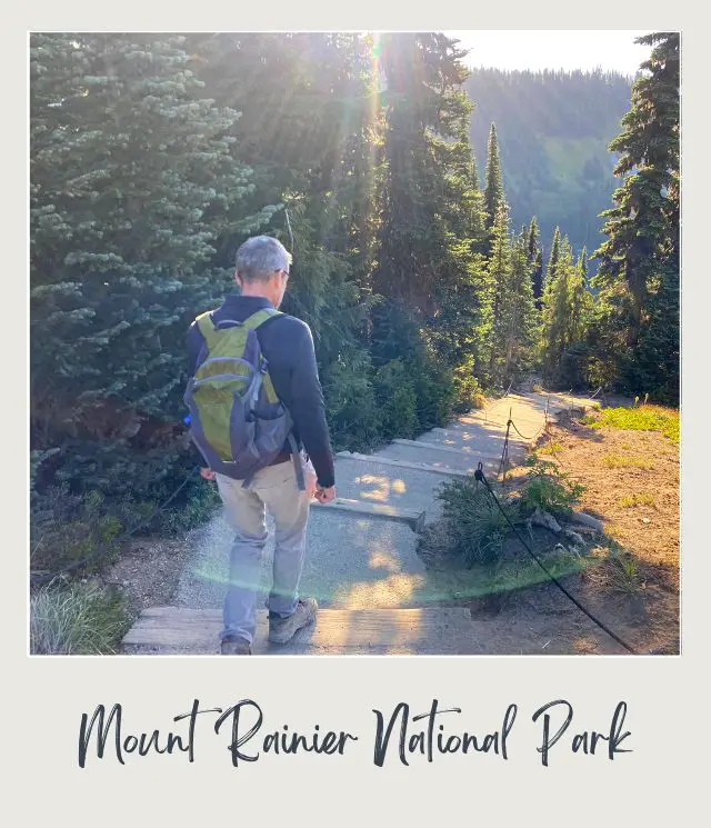 View of Kevin walking on a downward trail surrounded by trees in Mount Rainier National Park.