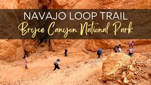 Bryce Canyon National Park Guide Aerial view of hikers on a trail surrounded by towering hoodoos and steep canyon walls iwith the text, "Navajo Loop Trail Bryce Canyon National Park."