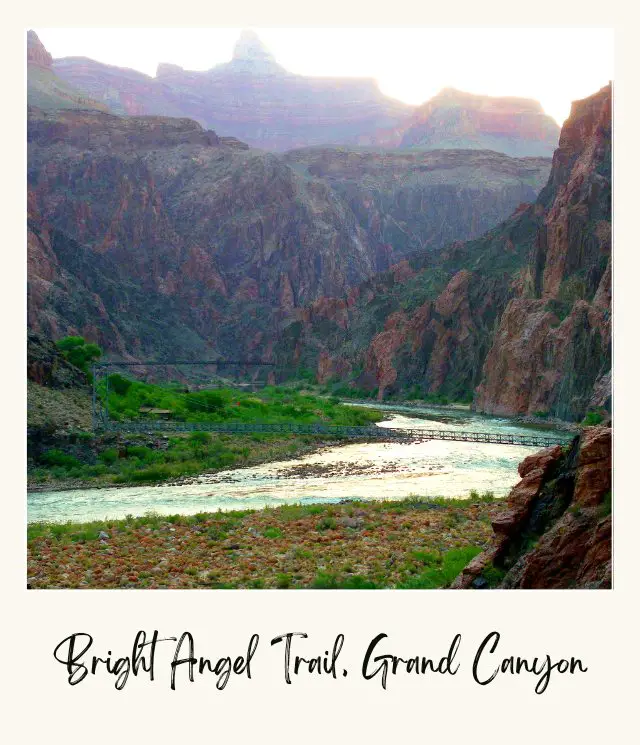 View of the bridge above the river at the bottom of Bright Angel Trail in Grand Canyon National Park.