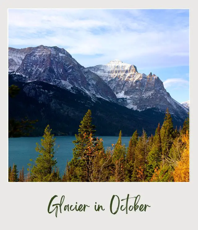 View of snow-capped mountains and below is a lake and trees in Glacier National Park.