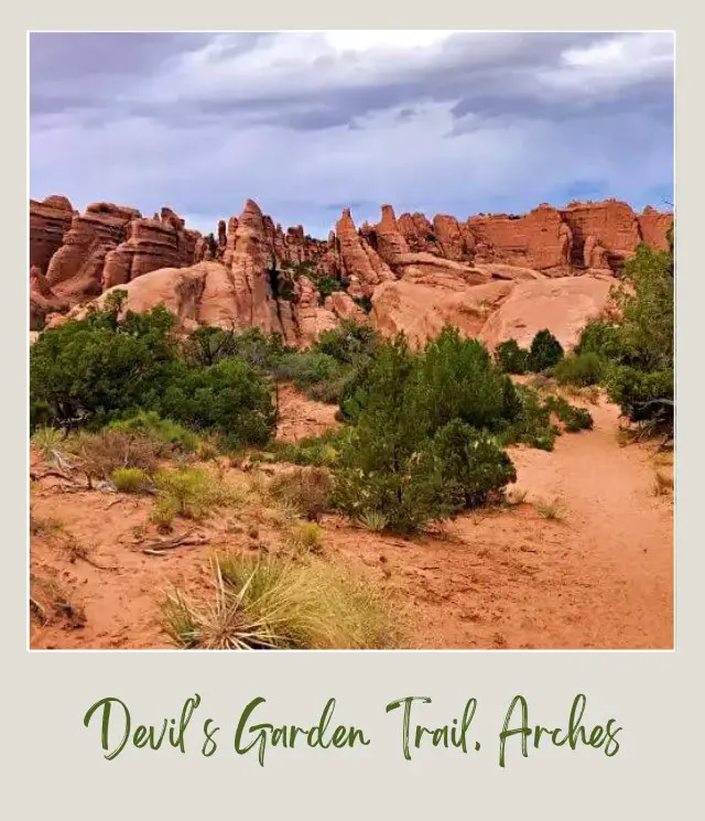 View of huge rock formations and below are bushes in Devils Garden Trail in Arches National Park.