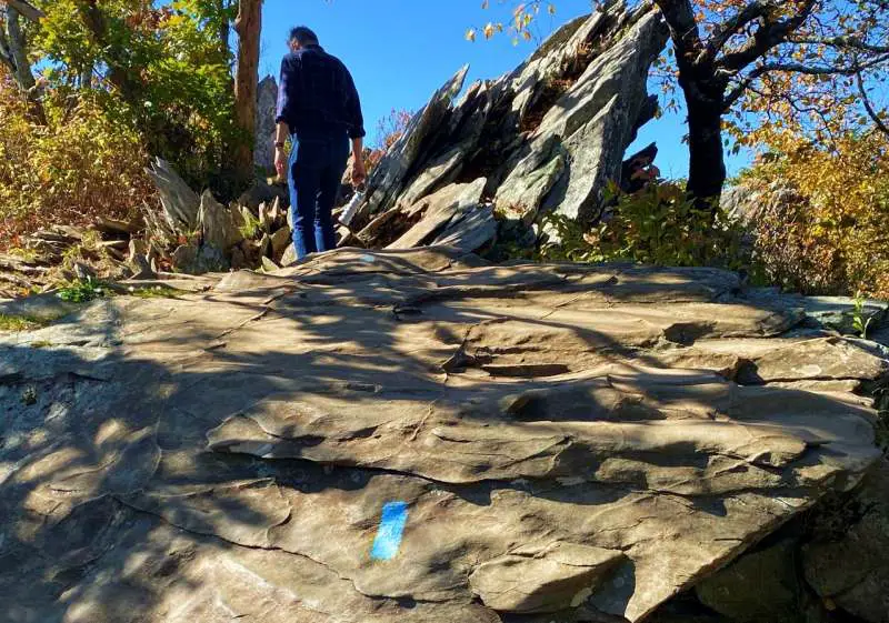 paint trail marker marked on rock with hiker in background