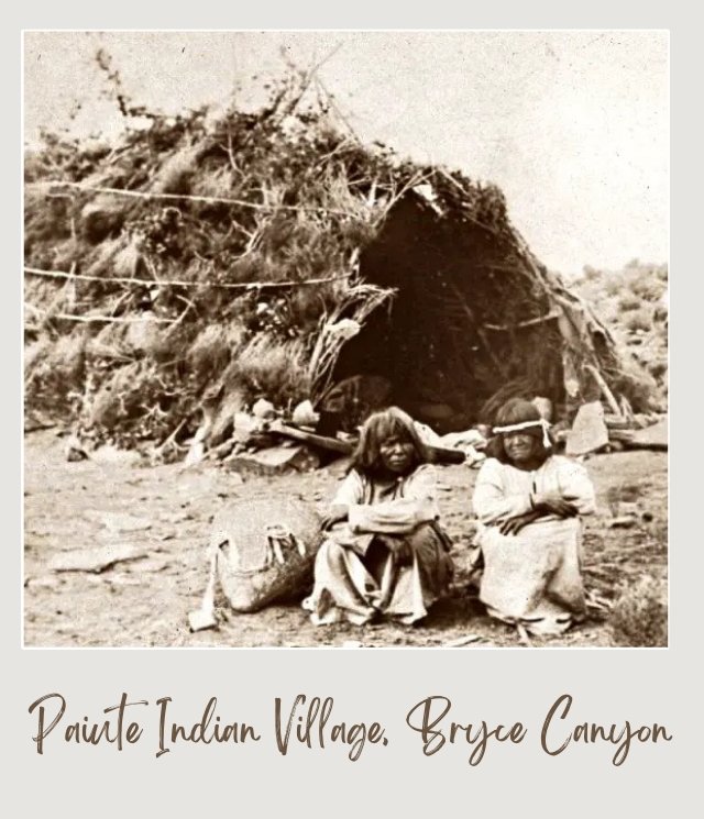 two women sitting in front of a hut in Paiute Indian Village Bryce Canyon