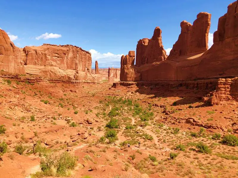 Huge rock formations in Park avenue in Arches National Drive.