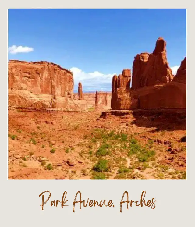 View of rock formations at Park Avenue in Arches National Parl.