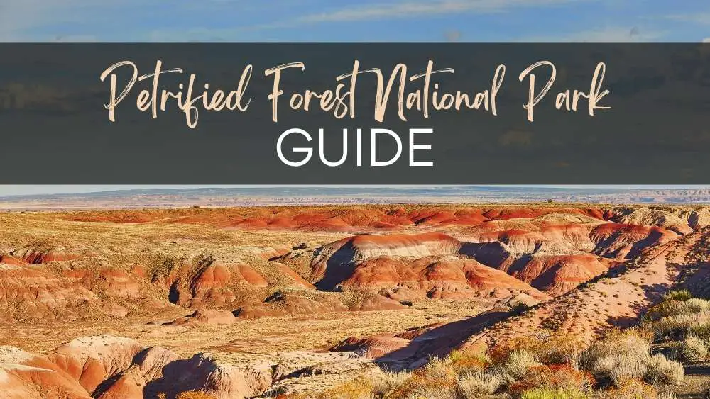 red and white striped rolling hills of dirt with text: Petrified Forest National park Guide