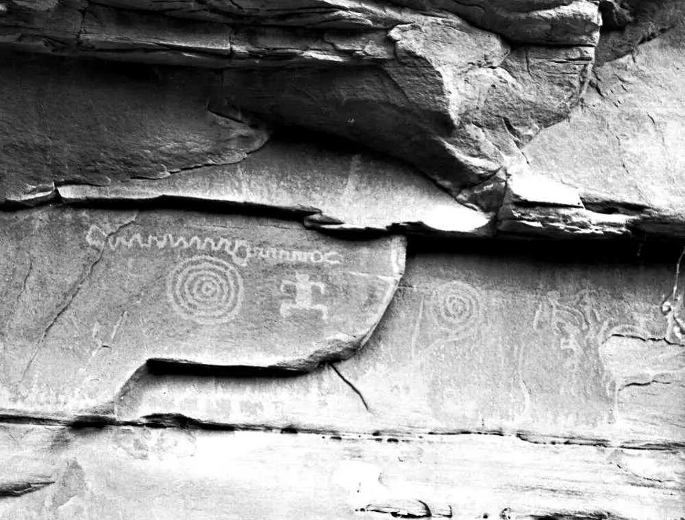 Old writings on the rock in Petroglyph Canyon interpretive area in Zion National Park