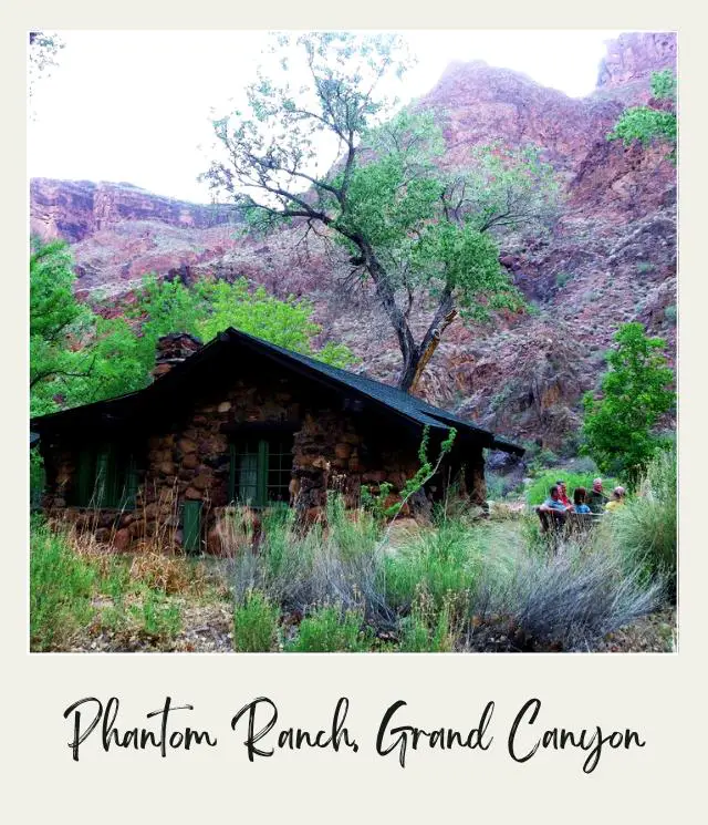 View of the stone cabin at Phantom Ranch in Grand Canyon National Park.